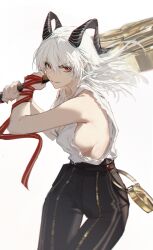 1girl absurdres bare_shoulders black_horns black_pants breasts commentary cowboy_shot curled_horns highres holding holding_sword holding_weapon horns hs_(user_hvww8443) large_breasts long_hair necktie necktie_around_wrists pants parted_lips red_eyes red_necktie smile solo sword thigh_gap tight_clothes tight_pants weapon white_hair wuthering_waves zani_(wuthering_waves)