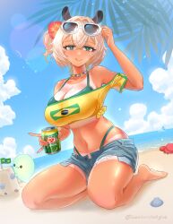 1girl animal_ears bare_shoulders beach bikini bikini_under_clothes blue_shorts brazilian_flag brazilian_flag_print brazilian_miku brazilian_miku_(cosplay) breasts brown_hair can cleavage closed_mouth cosplay crab denim denim_shorts drink_can eyewear_on_head flag_print flower full_body green_bikini green_eyes hair_flower hair_ornament hatsune_miku highres holding holding_can indie_virtual_youtuber kneeling large_breasts navel nimi_nightmare ocean off_shoulder one_side_up oversized_clothes oversized_shirt print_shirt sand seekorplatypus shirt short_hair short_shorts shorts solo_focus sunglasses swimsuit tan tanline tied_shirt tongue tongue_out virtual_youtuber yellow_shirt