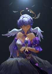 1girl absurdres animal_on_arm animalization bare_shoulders blue_hair breasts choker closed_eyes cowboy_shot detached_sleeves dress feathers head_wings highres honkai:_star_rail honkai_(series) long_hair medium_breasts purple_choker purple_dress robin_(honkai:_star_rail) short_sleeves standing strapless strapless_dress sunday_(honkai:_star_rail) two-tone_dress very_long_hair white_dress wings yingyingyingwobuyima
