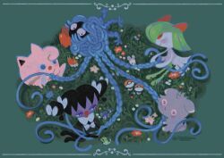 artist_name bow braid caterpie colored_skin creatures_(company) cutiefly espurr flower franchescovaccari game_freak gen_1_pokemon gen_3_pokemon gen_5_pokemon gen_6_pokemon gen_7_pokemon gothorita grass green_hair green_skin highres horns jigglypuff kirlia multicolored_skin nintendo oddish on_grass pink_eyes pink_skin poke_ball_symbol pokemon pokemon_(creature) purple_fur sidelocks tangela two-tone_skin white_bow white_skin wurmple