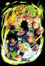 Rule 34 | 1boy, armor, black armor, black background, black hair, broly (dragon ball super), cowboy shot, dragon ball, dragon ball super, dragon ball super broly, green hair, highres, legendary super saiyan, male focus, multicolored hair, muscular, muscular male, nickelespektro, open mouth, scar, scar on face, super saiyan, transformation, two-tone hair