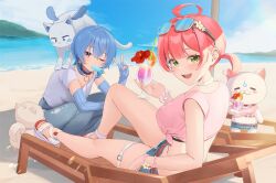 Rule 34 | 2girls, 35p (sakura miko), :d, absurdres, ahoge, beach, blue-tinted eyewear, blue choker, blue eyes, blue gloves, blue hair, blue nails, blue shorts, blue sky, bracelet, breasts, center-flap bangs, choker, cloud, commentary request, cup, day, denim, denim shorts, double-parted bangs, drink, elbow gloves, eyewear on head, feet, fingerless gloves, food, food in mouth, gloves, green eyes, hair between eyes, hanazawa ma, highres, holding, holding cup, holding drink, holofive, hololive, holonatsu paradise, hoshimachi suisei, hoshimachi suisei (holonatsu paradise), jeans, jewelry, knee up, large breasts, looking at viewer, multiple girls, nail polish, ocean, official alternate costume, one eye closed, open mouth, outdoors, pants, pink hair, pink nails, pink shirt, popsicle, popsicle in mouth, print shirt, ribbed gloves, sakura miko, sakura miko (holonatsu paradise), sandals, scrunchie, shirt, short hair, short sleeves, short twintails, shorts, sitting, sky, smile, squatting, star (symbol), star in eye, sunglasses, symbol in eye, t-shirt, takoyaki (hoshimachi suisei), teeth, thigh strap, tied shirt, tinted eyewear, toenails, toes, torn clothes, torn jeans, torn pants, twintails, upper teeth only, v, virtual youtuber, white choker, white shirt, wrist scrunchie