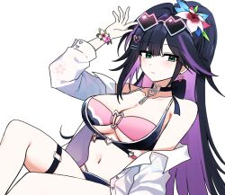 1girl abigail_(black_survival) bare_shoulders bikini black_bikini black_choker black_hair black_survival bracelet breasts choker cleavage closed_mouth colored_inner_hair earrings eternal_return:_black_survival expressionless eyewear_on_head flower flower_bracelet green_eyes hair_flower hair_ornament hairclip hand_up heart highres jacket jewelry large_breasts layered_bikini lix_(iroiro3843) long_hair long_sleeves looking_at_viewer multicolored_hair navel off_shoulder official_alternate_costume open_clothes open_jacket pink_bikini ponytail purple_hair solo stomach streaked_hair string_bikini sunglasses swept_bangs swimsuit thigh_strap thighs two-tone_hair very_long_hair white_jacket