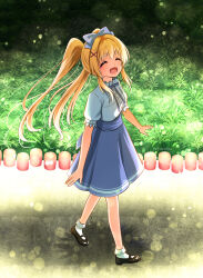 1girl :d ^_^ a-pose black_shoes blonde_hair blue_bow blue_bowtie blue_skirt blush bow bowtie candle closed_eyes commentary commentary_request english_commentary facing_viewer gomasho_asuka grass hair_between_eyes hair_bow hair_intakes hair_ornament happy high-waist_skirt highres long_hair mary_janes medium_skirt mixed-language_commentary open_mouth outdoors road shirt shoes short_sleeves sidelocks skirt smile socks solo standing summer_pockets tsumugi_wenders twintails underlighting very_long_hair white_shirt white_socks x_hair_ornament