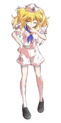 1girl anchor_print anchor_symbol black_shoes blonde_hair blue_neckerchief blue_sailor_collar commentary_request cropped_shirt dairi defeat double-parted_bangs full_body grimace hair_between_eyes hair_over_shoulder hair_ribbon half-closed_eyes hand_on_own_chin hand_on_own_hip hand_up hat highres kitashirakawa_chiyuri large_variant_set long_bangs long_hair midriff_peek navel neckerchief one_eye_closed parted_lips phantasmagoria_of_dim.dream pink_hat pink_ribbon pink_serafuku pink_shirt pink_shorts pink_socks raised_inner_eyebrows ribbon sailor_collar sailor_hat school_uniform serafuku shirt shoes shorts simple_background socks solo standing straight-on tachi-e tearing_up torn_clothes torn_hat torn_shirt torn_shorts torn_socks touhou touhou_(pc-98) transparent_background two_side_up variant_set wavy_eyebrows wavy_mouth yellow_eyes