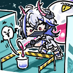 Rule 34 | 1girl, beaker, belladonna (neural cloud), blue hair, caution tape, chibi, chibi only, chinese commentary, cui pi zha xia qiu, dripping, girls&#039; frontline, girls&#039; frontline neural cloud, horns, mask, mouth mask, official art, red eyes, second-party source, sign, solo, thorns, vial, warning sign, white hair