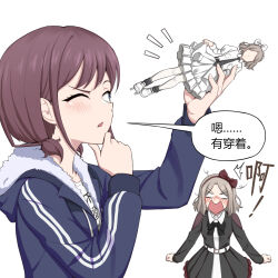 2girls anglediana black_dress blue_eyes blue_jacket blush bow chinese_commentary chinese_text commentary_request dress ebizuka_tomo embarrassed figure girls_band_cry grey_hair hair_bow hairband hand_up highres holding holding_figure hood hood_down hooded_jacket iseri_nina jacket long_sleeves multiple_girls one_eye_closed open_clothes open_jacket open_mouth red_bow red_hairband revision shirt short_hair simple_background white_background white_shirt