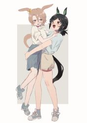 2girls absurdres aged_down animal_ears black_hair blonde_hair blue_eyes blue_shirt blue_shoes blush brown_shorts carrying carrying_person character_request ear_ornament flustered furrowed_brow hands_on_another&#039;s_shoulders highres horse_ears horse_girl horse_tail hug kajitsu_ohima looking_at_another multiple_girls open_mouth parted_lips ponytail red_eyes shirt shoes short_hair short_ponytail short_sleeves shorts sidelocks smile tail umamusume white_shirt