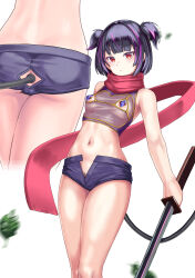 Rule 34 | 1girl, anal tail, anus cutout, ass, ass cutout, blunt bangs, bob cut, bra, butt crack, butt plug, clothing cutout, contrapposto, cupless bra, fake tail, highres, holding, holding sword, holding weapon, looking at viewer, medium hair, menmon, navel, nipple cutout, nipple piercing, original, piercing, pubic hair, pubic hair peek, purple hair, purple shorts, red scarf, revealing clothes, scarf, sex toy, short twintails, shorts, solo, standing, sword, tail, tail through clothes, twintails, underwear, weapon, white background