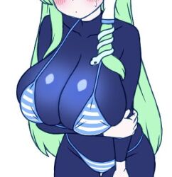 1girl arm_under_breasts bikini bikini_over_clothes blue_bikini blush bodysuit bodysuit_under_clothes breasts closed_mouth cowboy_shot eyes_out_of_frame green_hair hair_ornament hair_tubes head_out_of_frame ketsumaimo kochiya_sanae large_breasts long_hair lowres simple_background single_hair_tube snake_hair_ornament solo striped_bikini striped_clothes swimsuit touhou white_background white_bikini