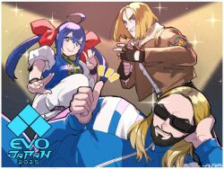 Rule 34 | 1girl, 2boys, arm support, artist name, beard, blonde hair, blue eyes, blue hair, breasts, chinese clothes, evolution championship series, facial hair, fatal fury, fatal fury: city of the wolves, fighting stance, fingerless gloves, futaba hotaru, gloves, grin, hair ribbon, large breasts, leg lift, leg up, legs, low twintails, lying, medium hair, multiple boys, mustache, on side, pants, pink lips, ribbon, salvatore ganacci, smile, snk, sunglasses, teeth, terry bogard, the king of fighters, thighs, thumbs up, twintails