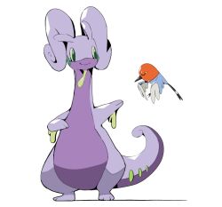 closed_eyes closed_mouth fletchling gen_6_pokemon goodra green_eyes looking_to_the_side nintendo no_humans pokemon pokemon_(creature) pokemon_focus psaber97 smile standing u_u white_background