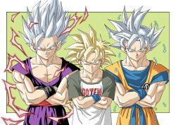 3boys aura blonde_hair blue_sash blue_shirt brothers character_name cowboy_shot crossed_arms dougi dragon_ball dragon_ball_super dragon_ball_super_super_hero dragonball_z electricity father_and_son forest_1988 goku_day green_background green_eyes grey_eyes grey_hair highres long_hair medium_hair multiple_boys muscular muscular_male orange_pants orange_shirt pants purple_pants purple_shirt red_eyes red_sash sash shirt siblings simple_background smirk son_gohan son_goku son_goten spiked_hair super_saiyan super_saiyan_1 ultra_instinct white_shirt