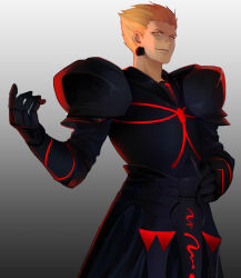 Rule 34 | 1boy, alter servant, alternate color, armor, black armor, blonde hair, commentary request, cowboy shot, earrings, fate/stay night, fate (series), gauntlets, gilgamesh (fate), hand on own hip, jewelry, male focus, orange eyes, profile, shiba44469, smile, solo