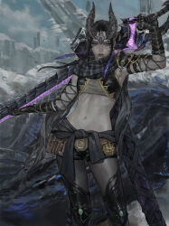 1girl absurdres armpits black_gloves black_hair black_pantyhose black_scarf black_shorts chatacabra_(armor) chinese_commentary closed_mouth commentary_request curled_horns earrings expressionless forehead_protector gloves green_eyes highres holding holding_behind_back holding_sword holding_weapon horns jewelry knee_guards long_hair looking_at_viewer monster_hunter_(character) monster_hunter_(series) monster_hunter_wilds navel nu_udra_(armor) pantyhose pantyhose_under_shorts plaid_clothes plaid_scarf pouch rey_dau_(armor) scabbard scarf sheath shorts solipsist solo sword very_long_hair weapon xu_wu_(armor)