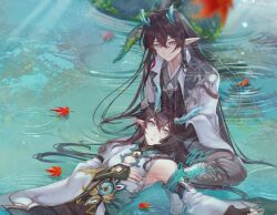 Rule 34 | 2boys, aqua horns, black gloves, black hair, chinese clothes, commentary request, dan feng (honkai: star rail), dan heng (honkai: star rail), dan heng (imbibitor lunae) (honkai: star rail), dragon boy, eastern dragon horns, fingerless gloves, gloves, grey pants, honkai: star rail, honkai (series), horns, jacket, kaimya1118, lap pillow, leaf, long hair, male focus, maple leaf, multiple boys, pants, pointy ears, ripples, sleeveless, very long hair, water, watermark, watermark grid, white jacket