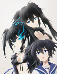 3girls absurdres bikini bikini_top_only black_hair black_rock_shooter black_rock_shooter:_dawn_fall black_rock_shooter_(character) black_rock_shooter_fragment blue_eyes blue_sailor_collar elishka_(black_rock_shooter) flaming_eye front-tie_top glowing glowing_eye highres kuroi_mato long_hair ly_(pixiv13839236) multiple_girls neckerchief sailor_collar school_uniform serafuku short_hair short_twintails star-shaped_pupils star_(symbol) swimsuit symbol-shaped_pupils twintails uneven_twintails white_background