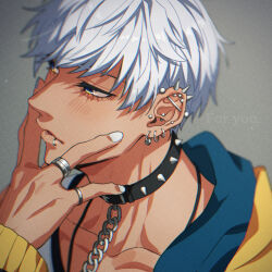 Rule 34 | 1boy, \//, barbell piercing, blue eyes, blue jacket, blurry, blush, captive bead ring, chain, chain leash, collar, collarbone, dark-skinned male, dark skin, depth of field, ear piercing, earrings, english text, face piercing, film grain, grey background, half-closed eyes, hand up, highres, hoop earrings, industrial piercing, jacket, jewelry, layered shirt, leash, lip piercing, lip ring, long sleeves, looking afar, male focus, mammon (obey me!), multicolored eyes, multicolored jacket, multiple earrings, multiple rings, necklace, obey me!: one master to rule them all!, parted lips, piercing, pinky ring, portrait, ring, shiny lips, short hair, silver ring, solo, spiked collar, spiked ear piercing, spikes, sushi (ekakizu), swept bangs, two-tone eyes, two-tone jacket, v, v over mouth, white hair, white nails, yellow eyes, yellow jacket
