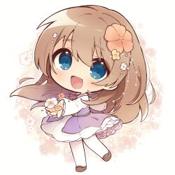 Rule 34 | 1girl, :d, absurdres, blue eyes, blush, borrowed character, brown hair, brown shoes, collared shirt, commentary request, dress, flower, frilled dress, frills, full body, hair flower, hair ornament, highres, long hair, looking at viewer, mary janes, misosiru 0224, open mouth, orange flower, original, pantyhose, pinafore dress, purple dress, shirt, shoes, sleeveless, sleeveless dress, smile, solo, standing, white pantyhose, white shirt