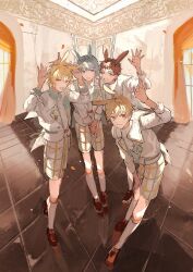 Rule 34 | 22kolink, 4boys, animal ears, blonde hair, blue hair, brown hair, ensemble stars!, full body, hand up, highres, indoors, jacket, kneehighs, leaning forward, long sleeves, looking at viewer, male focus, mashiro tomoya, multiple boys, nito nazuna, rabbit ears, rabbits (ensemble stars!), shino hajime, shirt, shoes, short hair, shorts, smile, socks, standing, tenma mitsuru