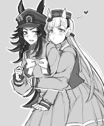 2girls animal_ears blunt_bangs blush bow bowtie cowboy_shot ears_through_headwear fenomeno_(umamusume) flipped_hair front-to-back gold_ship_(umamusume) grey_background greyscale hat heart highres hiyo_uma horse_ears horseshoe_ornament long_hair long_sleeves looking_at_another monochrome multiple_girls open_mouth peaked_cap pillbox_hat pleated_skirt puckered_lips sailor_collar sailor_shirt school_uniform serafuku shirt sidelocks simple_background skirt small_sweatdrop standing tracen_school_uniform umamusume v-shaped_eyebrows winter_uniform