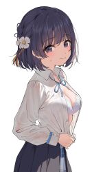 1girl black_hair black_skirt blue_ribbon bra breasts commentary_request flower gakuen_idolmaster gin00 hair_flower hair_ornament hataya_misuzu highres idolmaster long_sleeves looking_at_viewer medium_breasts neck_ribbon ribbon school_uniform shirt short_hair simple_background skirt smile solo underwear white_background white_bra white_shirt