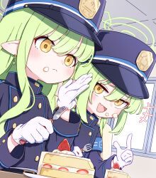 +++ 2girls :d absurdres armband black_hat black_jacket blue_archive blush buttons cake closed_mouth commentary_request crumbs double-breasted fang food food_on_face fork fruit gloves green_hair green_halo hair_between_eyes halo hand_up hat highres hikari_(blue_archive) holding holding_fork jacket kame_(kamepan44231) long_hair multiple_girls nozomi_(blue_archive) open_mouth peaked_cap pointy_ears siblings sidelocks sisters skin_fang smile strawberry strawberry_shortcake twins upper_body white_gloves window yellow_eyes