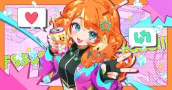 1girl absurdres aqua_eyes black_gloves black_shirt can crop_top fingerless_gloves gloves heart highres holding holding_can ichiko_1234 indie_virtual_youtuber jacket long_sleeves looking_at_viewer medium_hair nail_polish open_clothes open_jacket open_mouth orange_hair pink_jacket shirt smile solo spoken_heart upper_body v virtual_youtuber zaynipop zipper_pull_tab