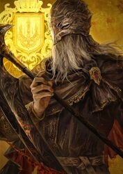 Rule 34 | 1boy, artist name, beard, black capelet, black robe, blood, bracer, brooch, capelet, cowboy shot, elden ring, elden ring: shadow of the erdtree, facial hair, hand up, helmet, highres, holding, holding scythe, holding weapon, jewelry, long hair, long sleeves, male focus, oreki genya, robe, scythe, sir ansbach, solo, standing, weapon, white hair, yellow background