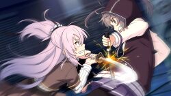 Rule 34 | 2girls, battle, black pantyhose, blue eyes, brown jacket, brown skirt, clenched teeth, from side, game cg, grey hair, grey jacket, holding, holding sword, holding weapon, hood, hooded jacket, jacket, katana, long hair, long sleeves, looking at another, medium hair, motion blur, multiple girls, non-web source, one side up, origami family&#039;s elite guard uniform, pantyhose, pink hair, purple eyes, purple skirt, renpu girls school uniform, school uniform, shichinosato kofuki, shirt, sidelocks, skirt, striped clothes, striped shirt, sword, sword clash, teeth, toji no miko, toji no miko: kizamishi issen no tomoshibi, tsubakuro yume, v-shaped eyebrows, weapon, white shirt, winter uniform