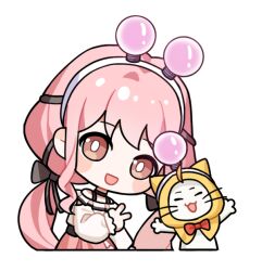 1girl ^_^ ahoge animal arm_cutout artist_request bare_shoulders belt black_belt black_bow black_choker black_ribbon blush_stickers bow bowtie bra_strap bright_pupils brown_eyes cat chibi choker cloak closed_eyes clothed_animal cropped_legs ear_covers frilled_shirt frilled_skirt frilled_sleeves frills hair_bow hair_ornament hair_ribbon hairband happy hood hood_up hooded_cloak infinity_nikki layered_skirt light_bulb long_hair long_sleeves looking_at_viewer low_twintails momo_(nikki) nikki_(nikki) nikki_(series) off-shoulder_shirt off_shoulder official_art open_mouth outstretched_arms perfect_start_(infinity_nikki) pink_hair pink_skirt pleated_skirt puffy_long_sleeves puffy_sleeves red_bow red_bowtie ribbon shirt skirt sleeves_past_wrists smile tareme traditional_bowtie transparent_background tress_ribbon twintails v very_long_hair whiskers white_cat white_hairband white_pupils white_shirt white_skirt yellow_cloak