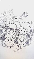 artist_request bad_tag black_hair child doseisan feet flower hat legs lucas_(mother_3) mother_(series) mother_2 mother_3 ness_(mother_2) nintendo pool_float shota smile sunflower super_smash_bros swimsuit traditional_media