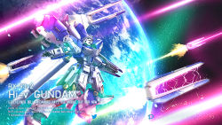 beam bit_(gundam) char&#039;s_counterattack char&#039;s_counterattack_-_beltorchika&#039;s_children character_name commentary earth_(planet) electricity english_text fin_funnels firing funnels_(gundam) gundam hi-nu_gundam light_particles mecha mobile_suit no_humans pixiv_id planet robot science_fiction serike_w shield signature solo space thrusters twitter_username v-fin weapon yellow_eyes