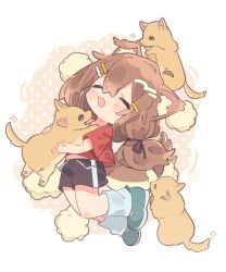 1girl :d animal_ear_fluff animal_ears black_ribbon black_shorts blue_shoes blue_socks blush_stickers brown_hair closed_eyes commentary_request dog dog_ears dog_girl full_body hair_ornament hair_ribbon hairclip highres long_hair low-tied_long_hair mamehinata notamaru_2 open_mouth polka_dot polka_dot_background red_shirt ribbon shirt shoes short_sleeves shorts smile socks vrchat
