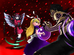 Rule 34 | 2girls, ald, alice (megami tensei), atlus, black hair, blonde hair, blue eyes, boots, demi-fiend, devil summoner (series), dress, gloves, hair ribbon, hat, kuzunoha raidou, long hair, multiple girls, muu shuwuu (megami tensei), purple hair, ribbon, shin megami tensei, shin megami tensei iii: nocturne, short hair, tattoo, wings
