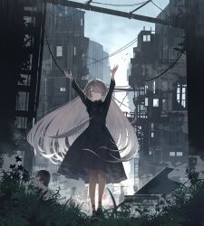 absurdres bird black_capelet black_dress capelet cityscape dress grand_piano hair_ornament hairpin highres instrument instrument_hair_ornament mantle noir_(noworld) noworld piano piano_keys ruins satsuki_lain white_hair