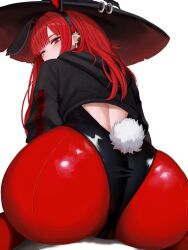 1girl animal_ears ass ass_focus bare_back bent_over black_leotard black_shrug blunt_bangs blush commentary ear_piercing english_commentary english_text fake_animal_ears from_behind hat highleg highleg_leotard highres leotard long_hair long_sleeves looking_at_viewer looking_back original pantyhose piercing playboy_bunny rabbit_ears rabbit_tail red_eyes red_hair red_pantyhose shrug_(clothing) sitting solo tail thighs val_(yan_kodiac) wariza witch_hat yan_kodiac