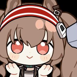 1girl :&gt; angelina_(arknights) animal_ears animated animated_gif arknights black_choker brown_hair cat_detector_(meme) chinese_commentary choker chunye_haruya coat commentary_request dot_nose earpiece fox_ears hair_between_eyes hairband hands_on_own_cheeks hands_on_own_face infection_monitor_(arknights) infrared_thermometer long_hair lowres material_growth meme open_clothes open_coat red_eyes red_hairband second-party_source solo striped_clothes striped_hairband transparent_background twintails two-tone_hairband upper_body white_coat