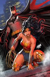 1boy 1girl bare_shoulders batman batman_(series) black_cape black_gloves black_hair black_male_underwear blue_eyes bodysuit boots bracer breasts building cape cityscape david_nakayama dc_comics gloves grey_bodysuit highres holding_lasso initial lasso lasso_of_truth looking_at_viewer male_underwear medium_breasts night official_art outdoors skyscraper squatting standing tiara underwear wonder_woman wonder_woman_(series)