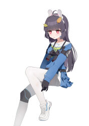 1girl absurdres ahoge ammunition_box animal_ear_hairband animal_ears armband binoculars black_armband black_gloves blue_archive blue_serafuku blue_shirt blue_skirt blunt_bangs blush bright_pupils commentary dirty dirty_clothes eyes_visible_through_hair fake_animal_ears foot_out_of_frame footprints gloves green_neckerchief grey_hair hairband headset highres invisible_chair knee_pads knee_up leaf leaf_on_head legs liago long_hair long_sleeves looking_at_viewer miniskirt miyu_(blue_archive) neckerchief no_halo pantyhose parted_lips pleated_skirt puffy_long_sleeves puffy_sleeves rabbit_ear_hairband rabbit_ears red_eyes sailor_collar sailor_shirt school_uniform serafuku shirt shoe_print shoes sidelocks single_knee_pad sitting skirt sneakers solo straight_hair thighband_pantyhose torn_clothes torn_pantyhose two-tone_skirt white_hairband white_pantyhose white_pupils white_sailor_collar white_shoes white_skirt