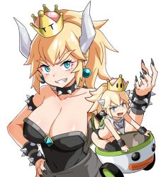 2girls alternate_eye_color armlet bare_shoulders black_dress black_nails blonde_hair blue_eyes blue_gemstone borrowed_design bowser_jr. bowsette bowsette_jr. bracelet breasts brown_hair cleavage collar crown dress earrings eyelashes facial_hair fang gem grin horns jewelry koopa_clown_car koopa_shell large_breasts long_hair looking_at_viewer mario_(series) mother_and_daughter multiple_girls nail_polish new_super_mario_bros._u_deluxe nintendo ponytail riding scarf simple_background smile spiked_armlet spiked_bracelet spiked_collar spikes super_crown sweat t_t thick_eyebrows thighhighs topless_male upper_body v-shaped_eyebrows white_background zaxwu