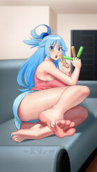 1girl absurdres aqua_(konosuba) barefoot blue_eyes blue_hair couch dolphin_shorts feet highres kono_subarashii_sekai_ni_shukufuku_wo! long_hair looking_at_viewer open_mouth r9z shorts soles sweat toes