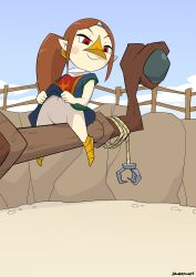 1girl beach beak blue_dress blush boots brown_hair clothes_lift cloud dangerking11 dress dress_lift fence furry grappling_hook headband loli long_hair looking_to_the_side medli navel nintendo no_panties no_pussy orange_boots pointy_ears ponytail red_eyes red_tabard rito rope sand short_sleeves sitting sky smile tabard the_legend_of_zelda the_legend_of_zelda:_the_wind_waker wooden_fence
