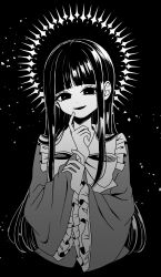 1girl absurdres bow bowtie collared_shirt commentary frilled_shirt_collar frilled_sleeves frills greyscale highres houraisan_kaguya long_hair looking_at_viewer monochrome open_mouth shirt smile solo ta_mi_01000 touhou very_long_hair wide_sleeves