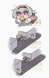 1girl 1other black_hairband blue_pupils blush bread bread_slice collared_shirt firefly_(honkai:_star_rail) firefly_(spring_missive)_(honkai:_star_rail) flying_sweatdrops food food_in_mouth grey_hair grey_sailor_collar hair_between_eyes hair_intakes hair_ornament hairband highres honkai:_star_rail honkai_(series) in_container in_trash_can multicolored_eyes mumi_mamimu running sailor_collar shirt simple_background trailblazer_(honkai:_star_rail) trash_can two-tone_eyes white_background white_shirt