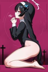 Rule 34 | 1girl, absurdres, bare legs, barefoot, black hair, black nails, black veil, blue archive, butterfly hair ornament, cross, from side, full body, grey eyes, hair ornament, halo, highres, kisaki (blue archive), long sleeves, momobug22, no panties, nun, own hands clasped, own hands together, parted lips, red background, solo, veil