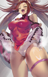 absurdres breasts brown_eyes brown_hair clothes_lift detached_sleeves dress guilty_gear guilty_gear_xrd hair_rings highres kuradoberi_jam large_breasts open_mouth panties red_dress sato_one1 skirt skirt_lift smile thigh_strap underwear white_panties white_skirt