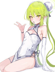 1girl absurdres alternate_costume bare_legs blue_archive blush breasts bun_cover china_dress chinese_clothes cleavage_cutout clothing_cutout commentary cross-laced_clothes double_bun dress earrings elbow_gloves feet_out_of_frame ggab0621 gloves green_hair hair_bun highres jewelry loli looking_at_viewer nozomi_(blue_archive) pelvic_curtain pointy_ears simple_background single_glove sitting sleeveless sleeveless_dress small_breasts solo thigh_strap twintails white_background white_dress white_gloves wristband
