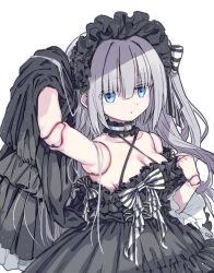 1girl 3678177 arm_up black_bonnet black_dress blue_eyes blunt_bangs bonnet breasts choker cleavage colored_eyelashes doll_joints dress frilled_bonnet frills grey_hair joints long_hair looking_at_viewer medium_breasts ribbon ruin_(sennen_sensou_aigis) sennen_sensou_aigis solo striped_ribbon white_background