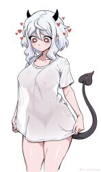 1girl covered_erect_nipples heart heart-shaped_pupils helltaker highres horns lw_goombang modeus_(helltaker) naked_shirt see-through_clothes see-through_shirt shirt solo symbol-shaped_pupils tail white_hair